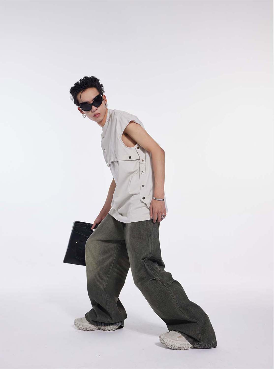 Washed Pleated Draped Denim Pants