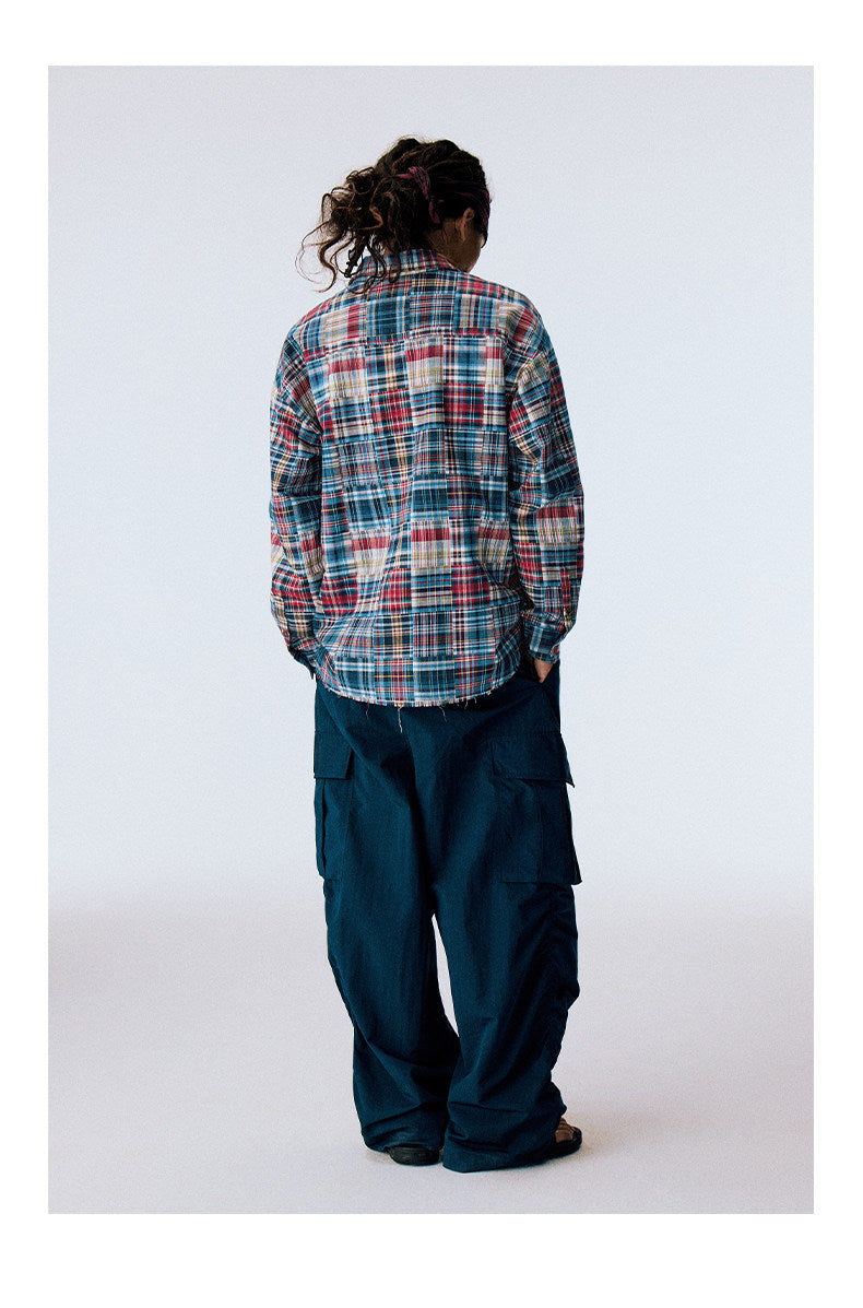 Patchwork Checkered Cut-Out Shirt