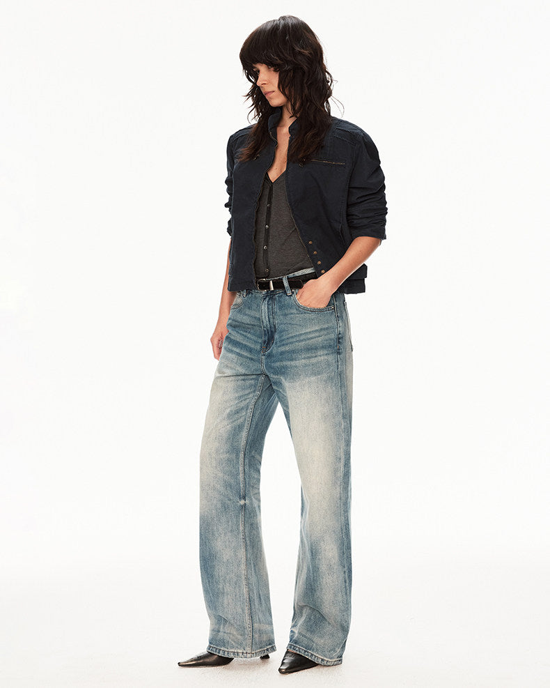 Distressed wash jeans