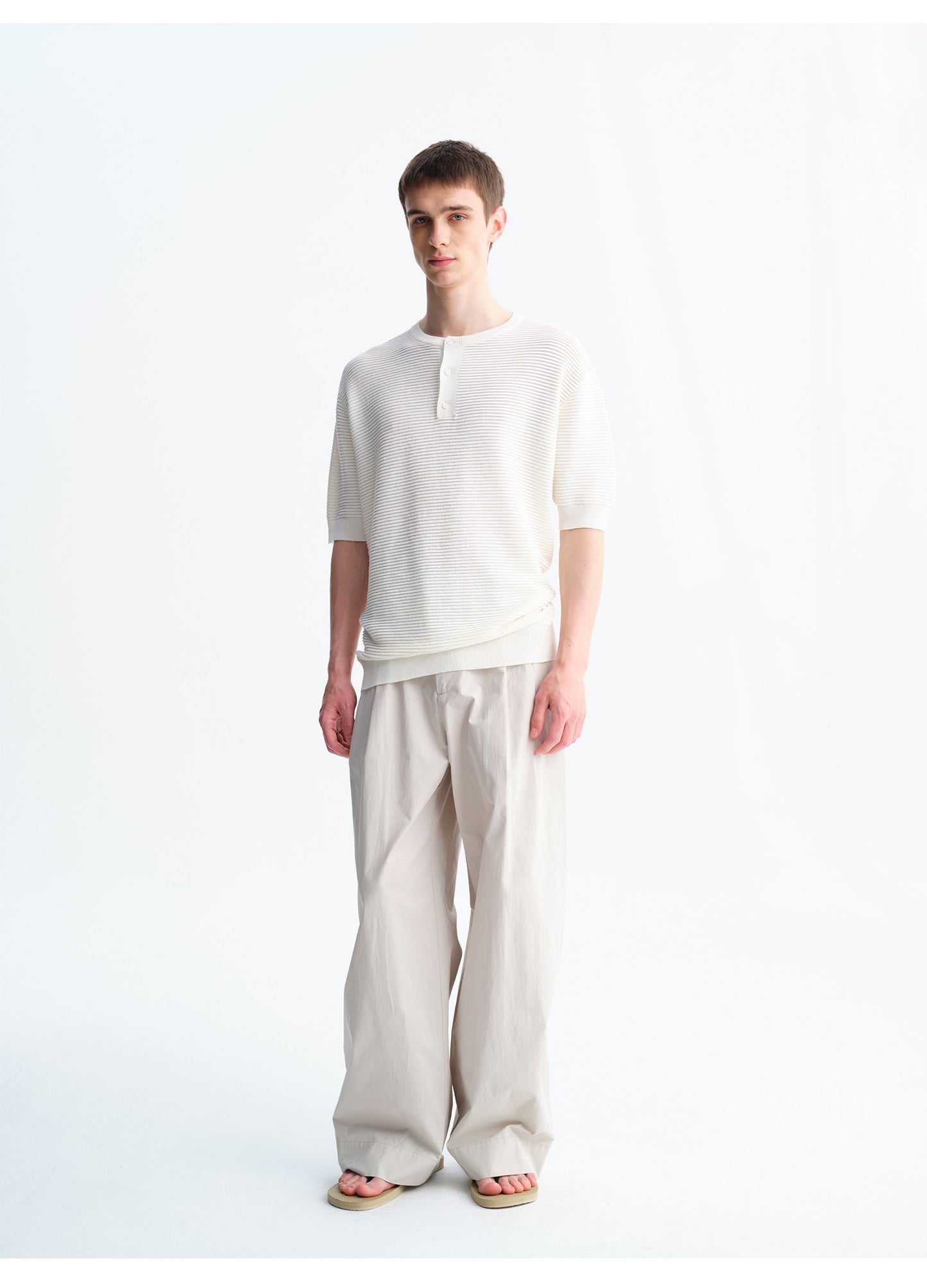 Henry-Neck Wool-Look Short-Sleeve Shirt