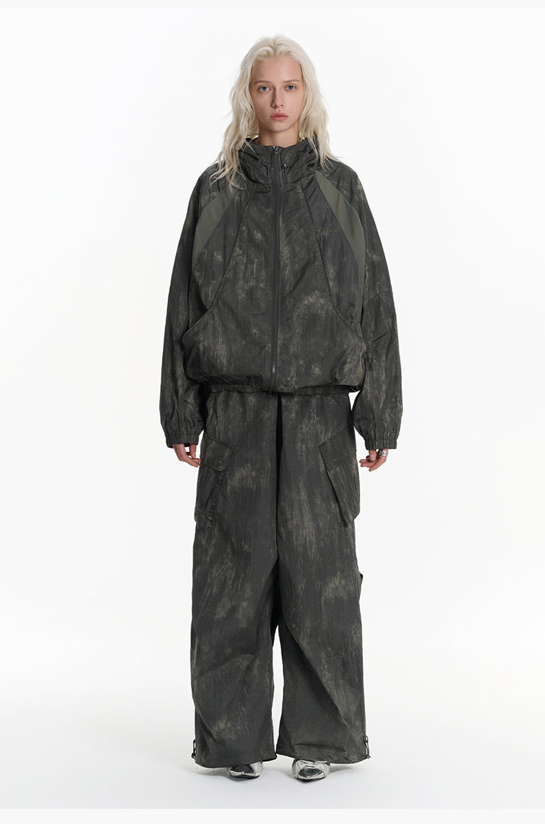 Tie-dye textured parachute pants