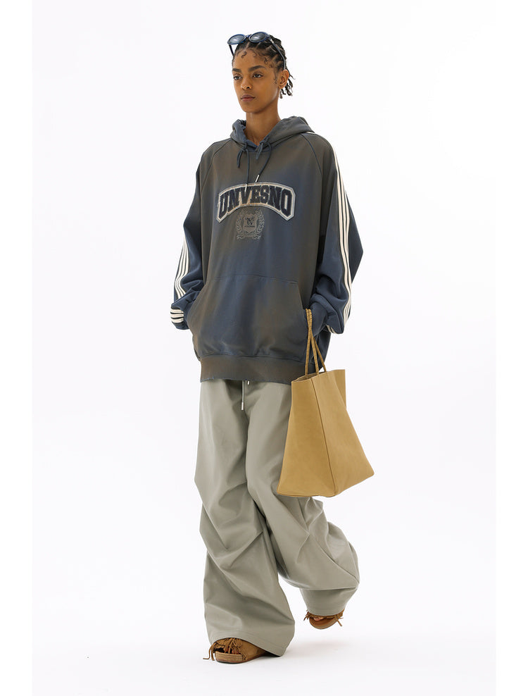 Distressed Dirty Fit Patch Embroidery Small Hole Hooded Sweatshirt