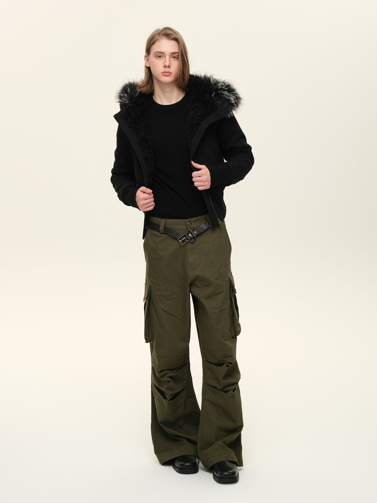 Knee-pleated Washed Casual Pants