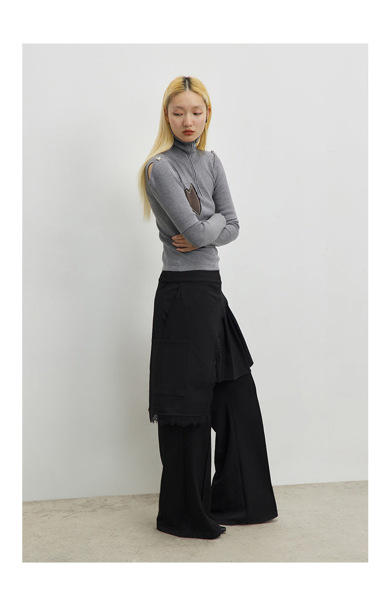 Detachable pleated lace skirt Straight pants