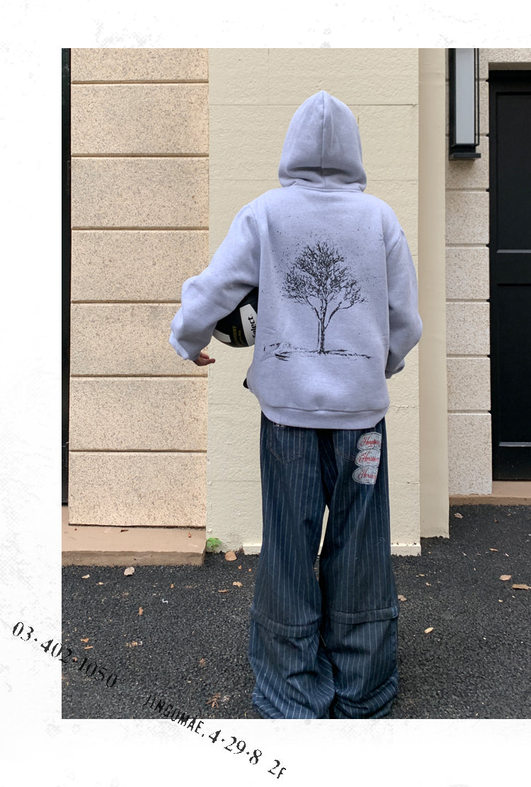 Tree Basic Print Hooded Zipper Sweatshirt