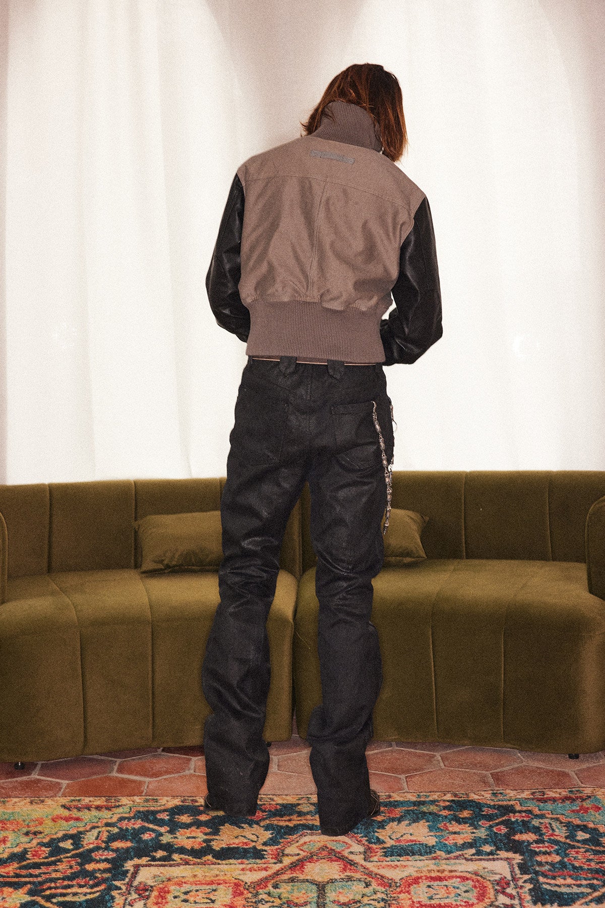 Double-Pocket Ribbed Leather Sleeve Jacket