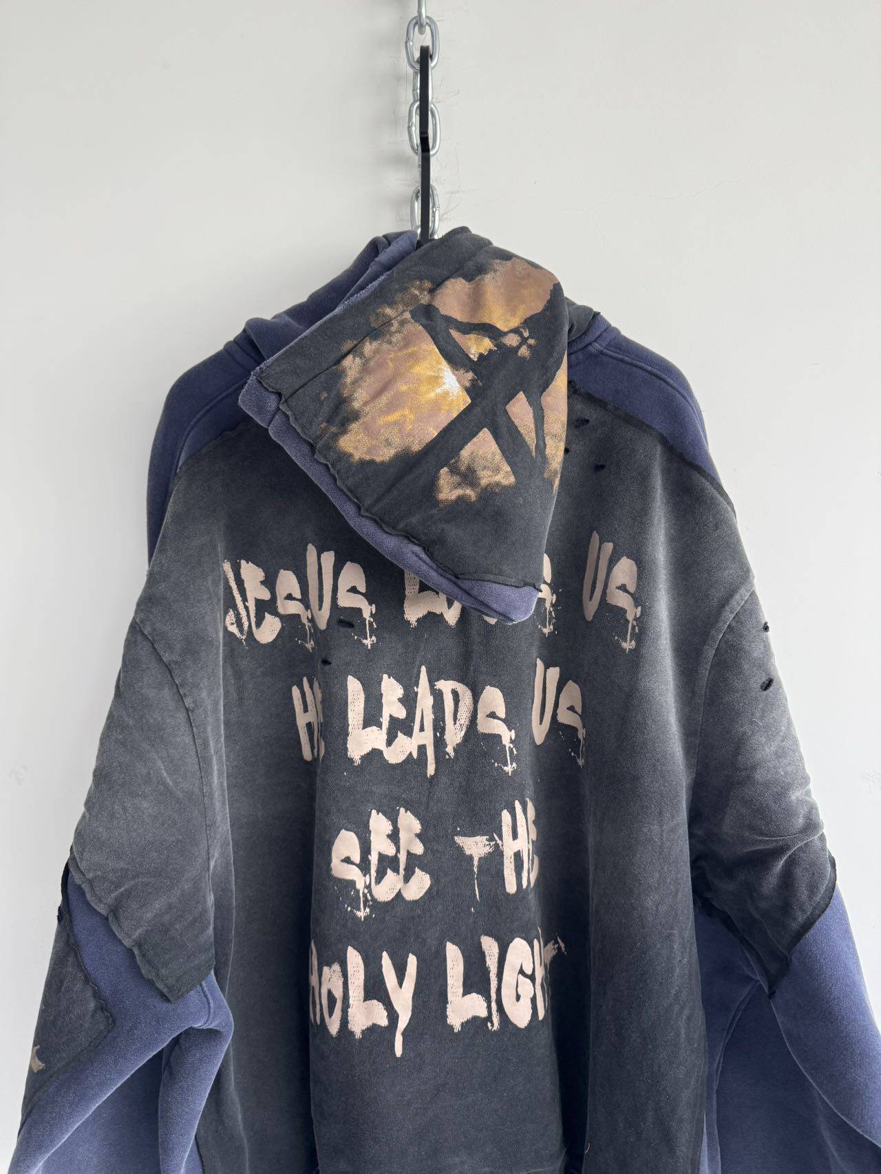 Rock Print Distressed Design Zip-Up Hoodie