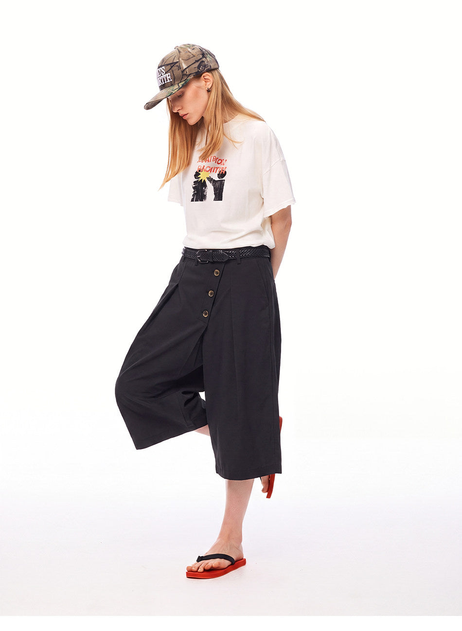 Shorts with a Diagonal Front Placket and Buttons