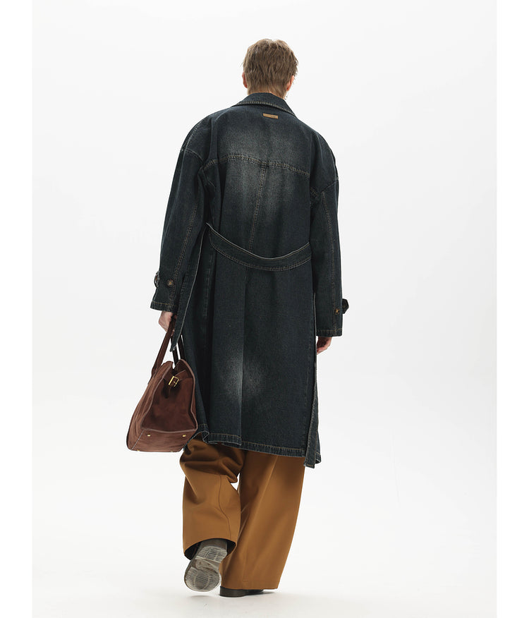 Washed Denim Long Trench Coat