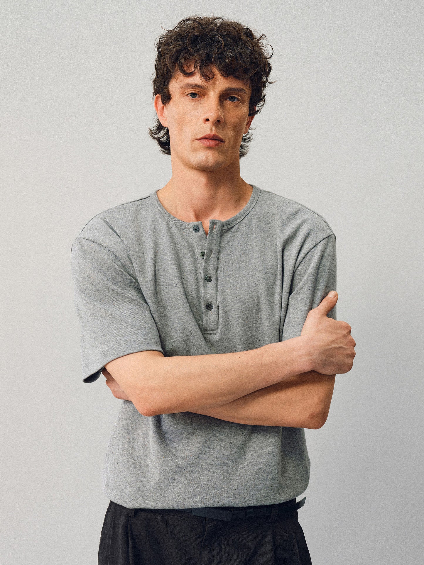 Henley-Collared Button-Down T-Shirt
