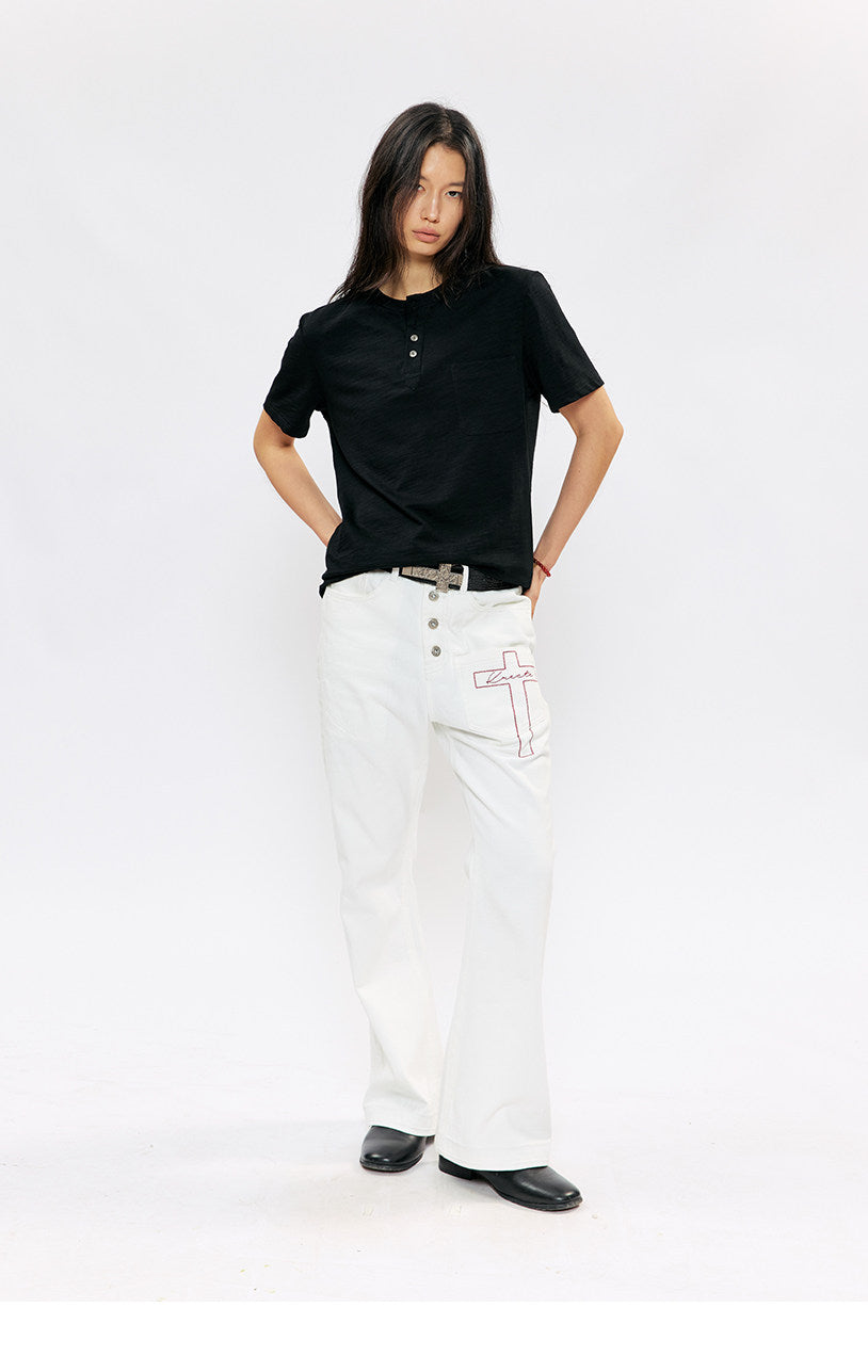 Henry Collar Casual Shoulder Slim T-Shirt