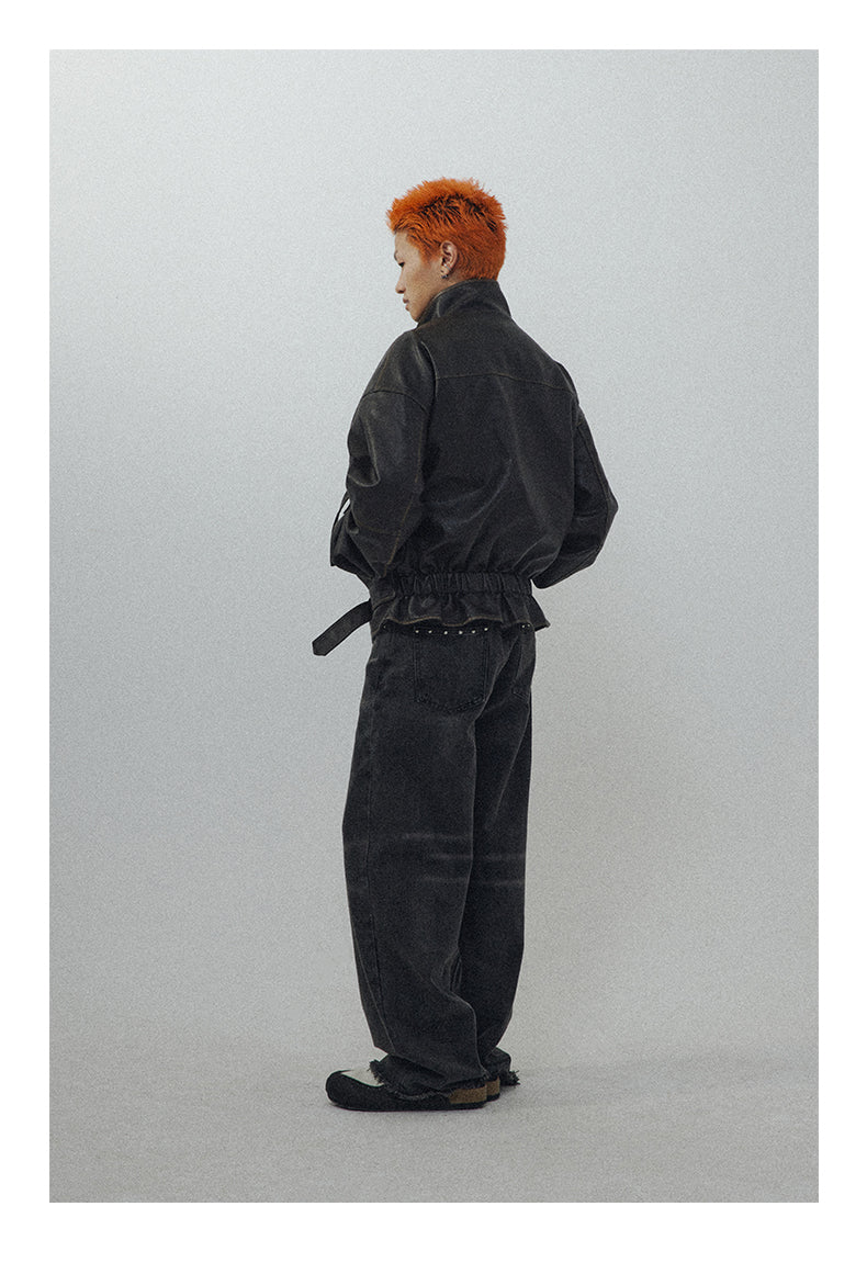 Ribbed knot silhouette leather jacket