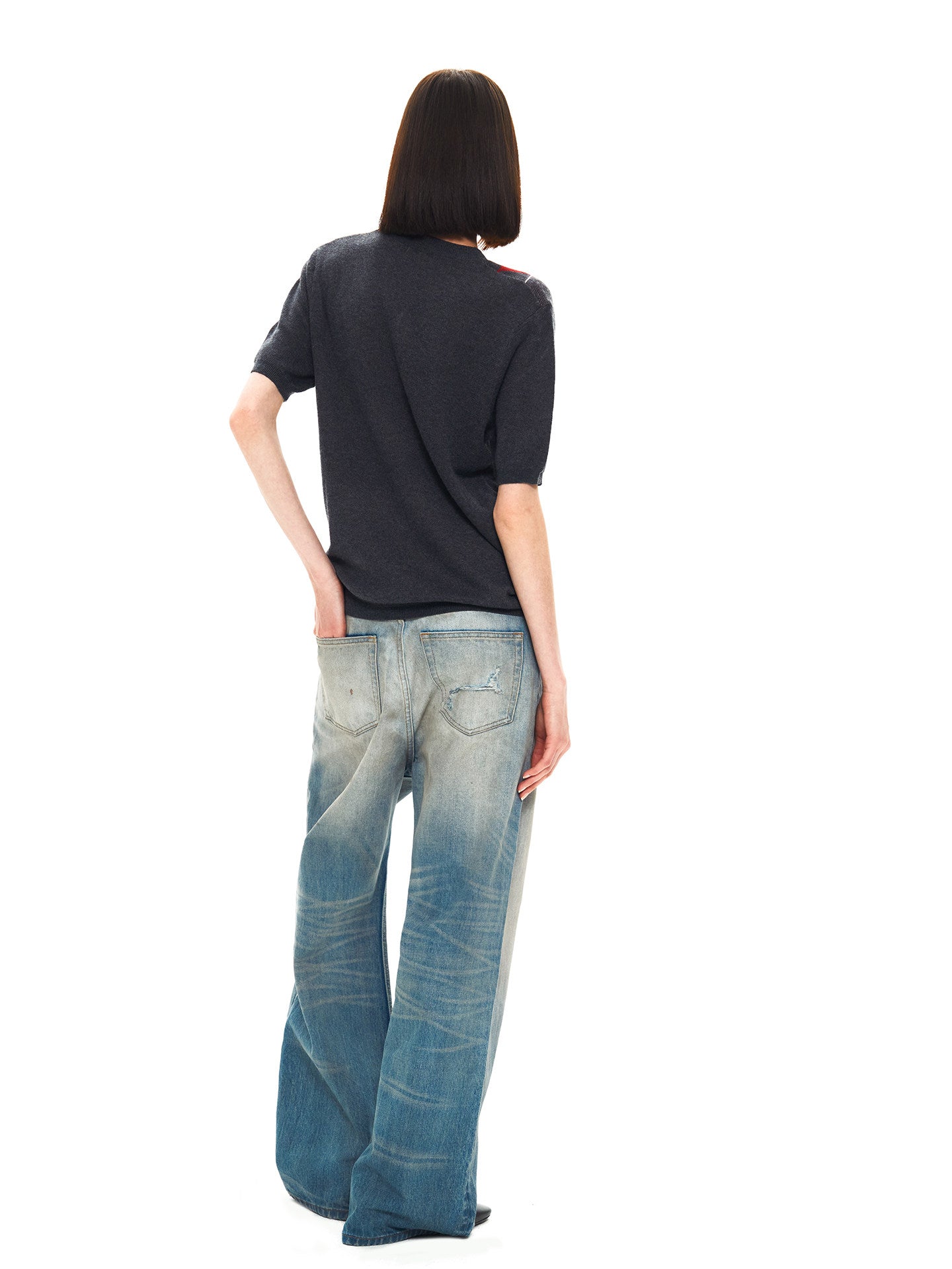 Double-Yarn Patchwork V-Neck Sweater