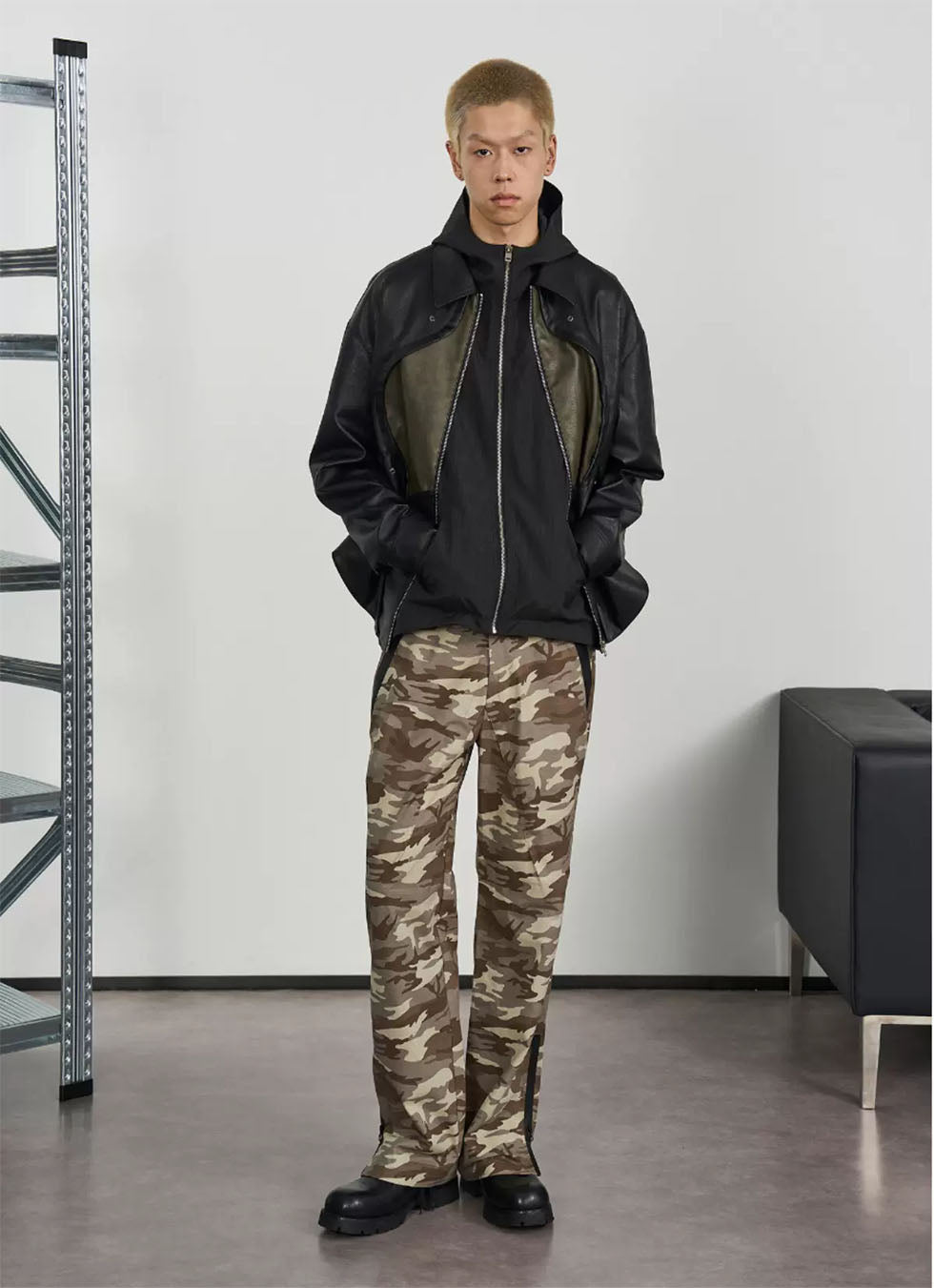 Mid-section Symmetrical Work Leather Jacket