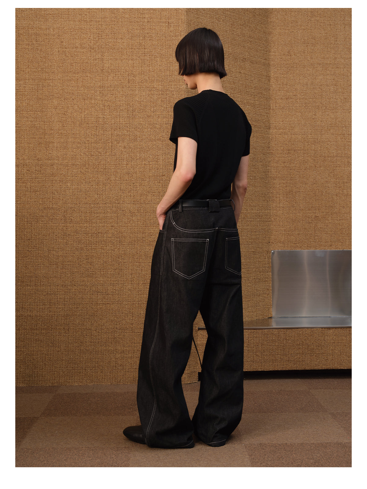 Diagonal placket denim pants