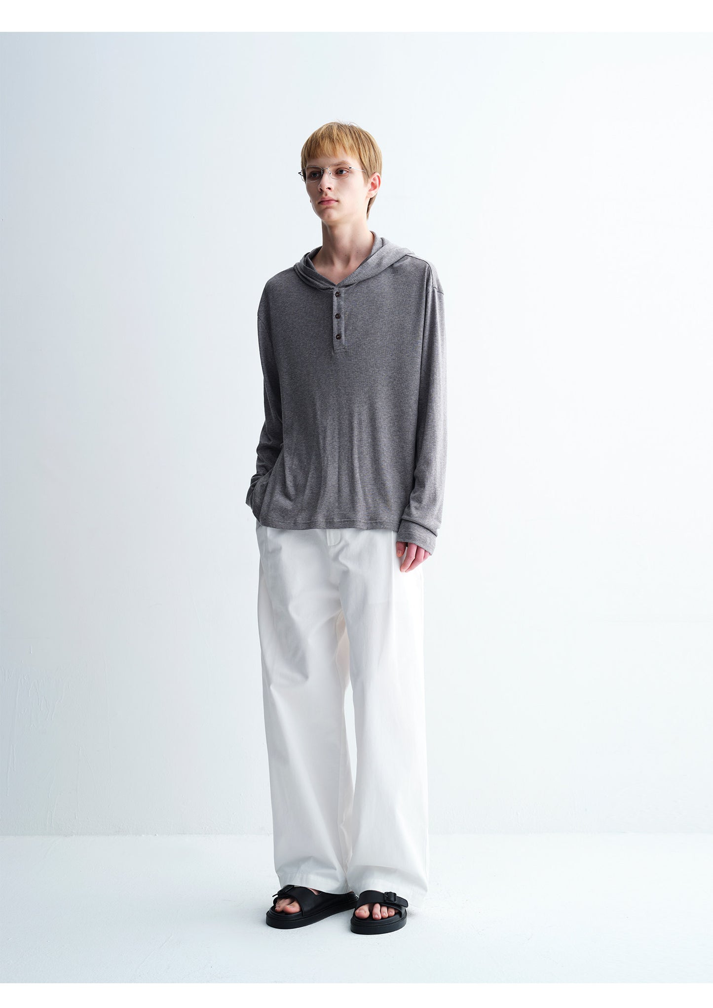 Drape Hooded Henley Collar T-Shirt