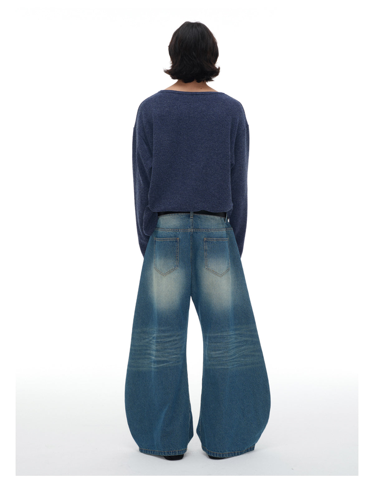 Pleated Damaged Wide Leg Denim Pants