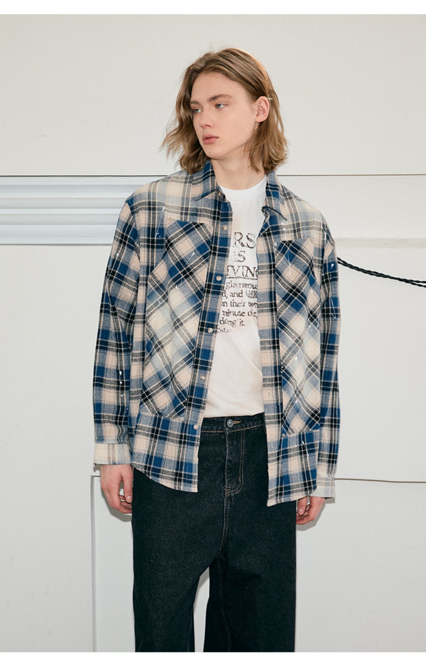 Washed checkered long-sleeved shirt