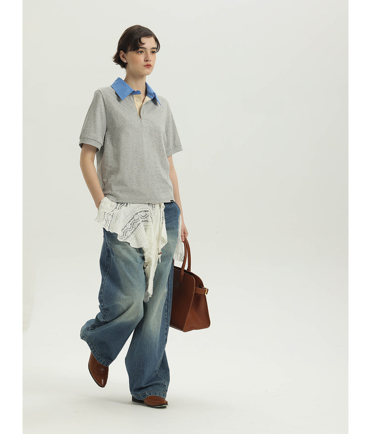 Contrast collar lapel polo shirt