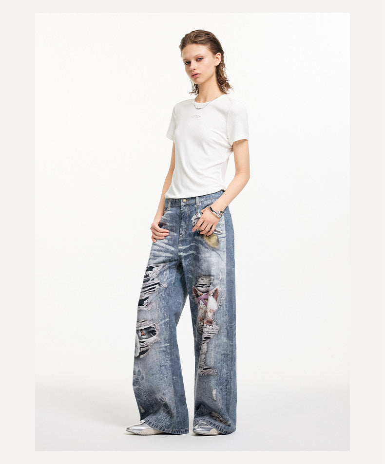 Printed Patchwork Straight-Leg Denim Pants
