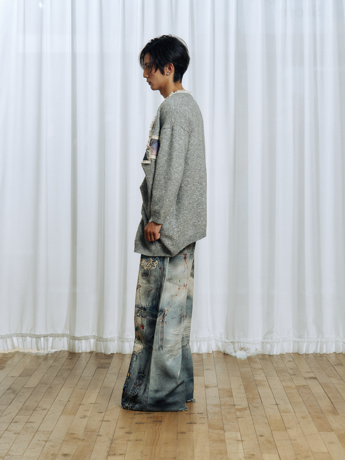 Pleated Design Blend Knit Cardigan