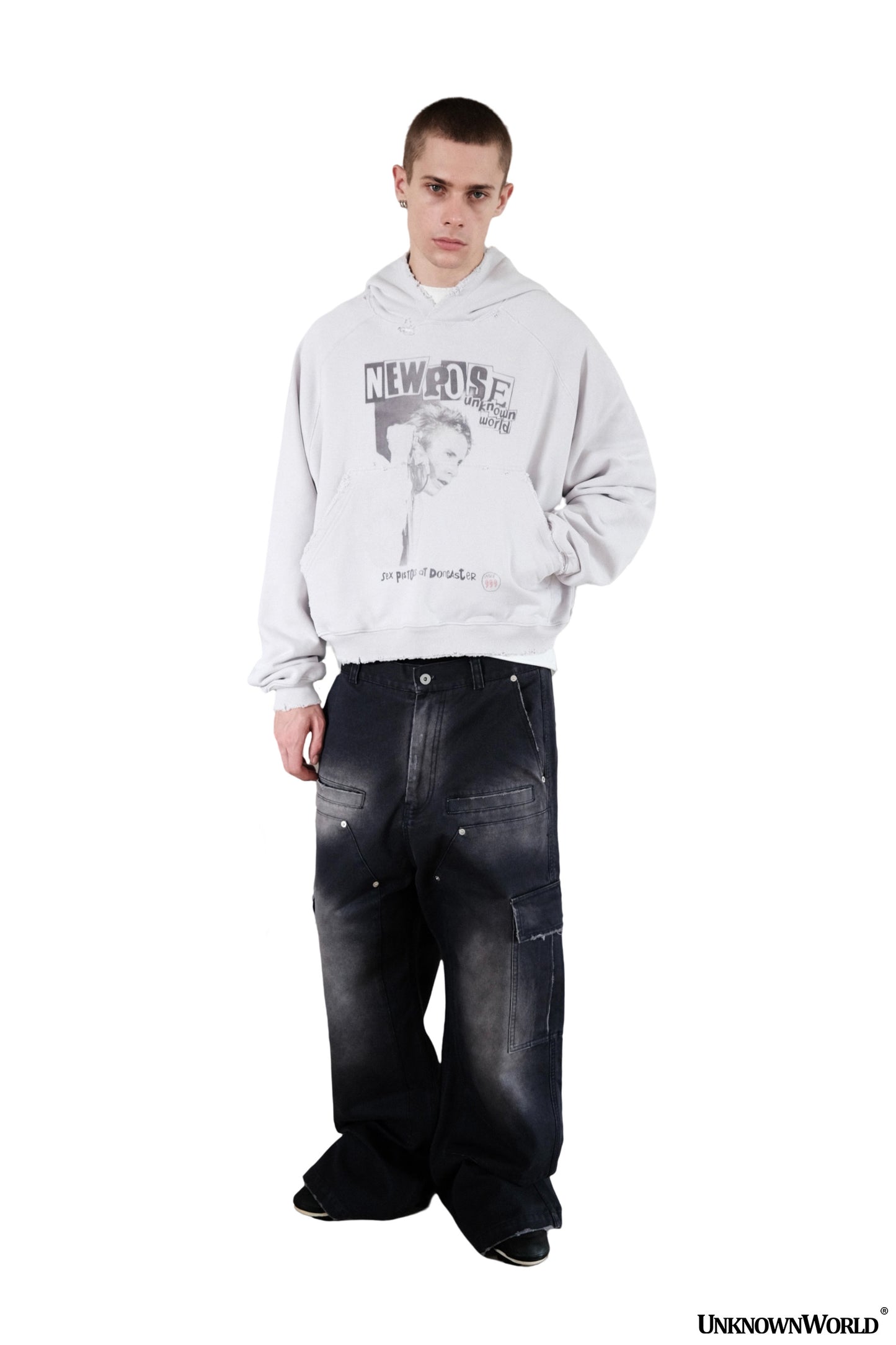 Washed punk print hooded sweatshirt
