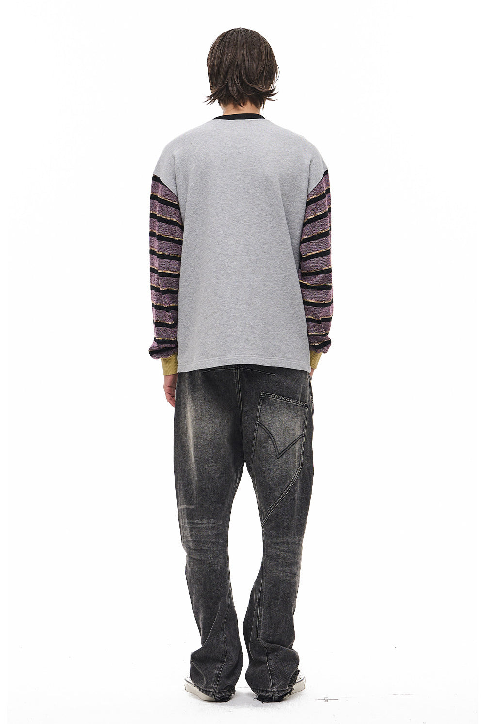 Striped Contrast-Color Round-Neck Sweatshirt
