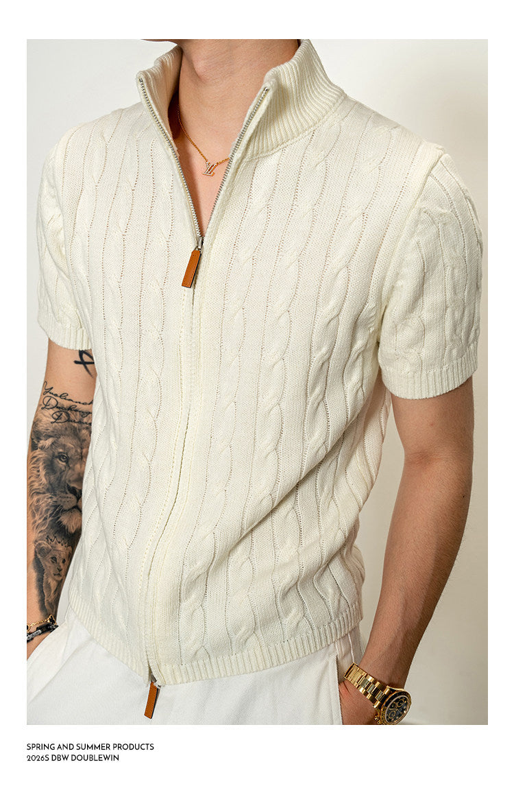 High-neck cable-knit shirt