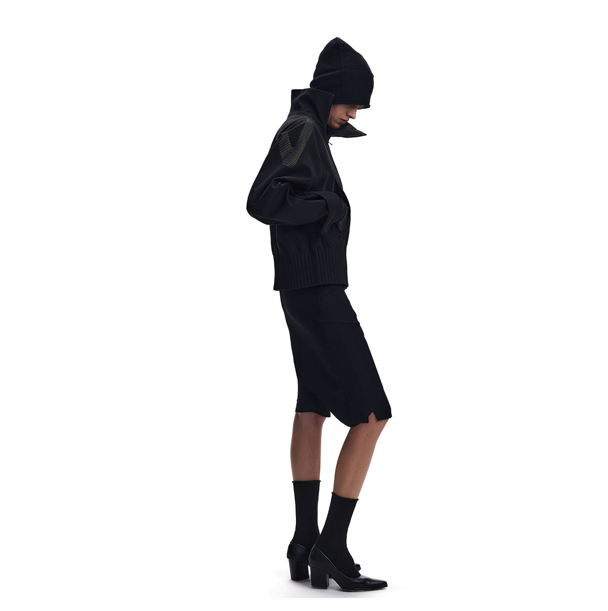 Diagonal-Zip Stand-Collar Poncho Jacket