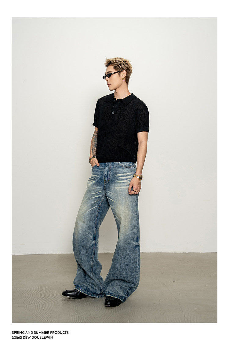 Vintage-Wash Distressed Pleated Jeans