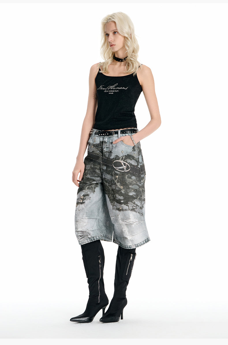 Tie-dye printed denim shorts