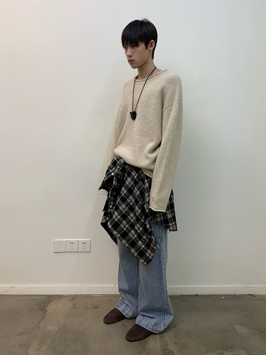 Rolled Edge Simple Crew Neck Sweater