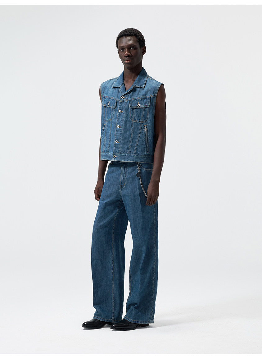 Cuban-Collar Short Denim Vest