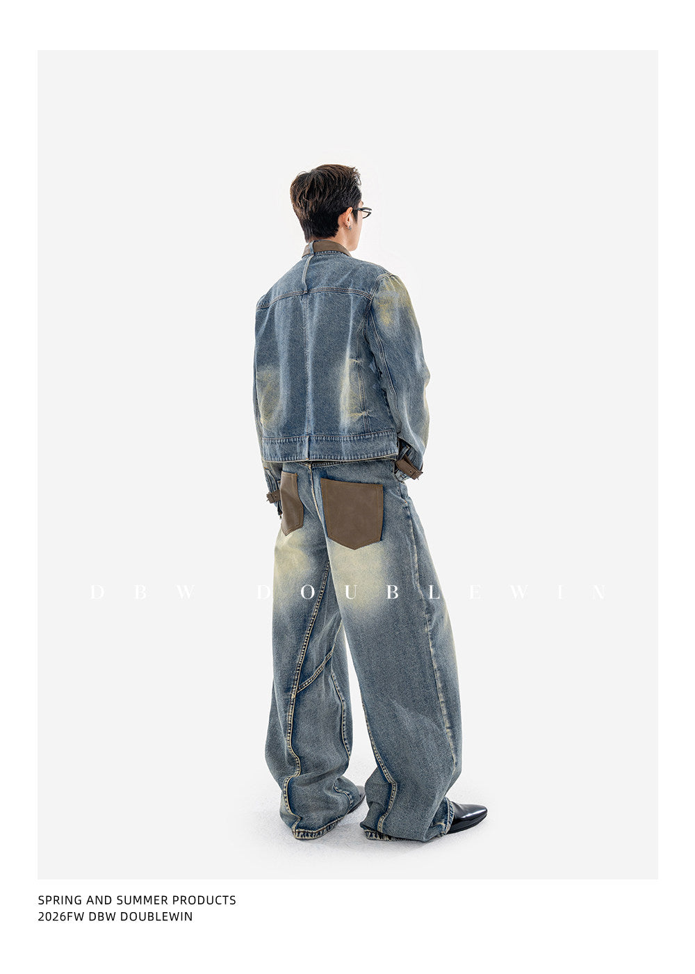 Vintage-Washed Padded-Shoulder Denim Jacket Set