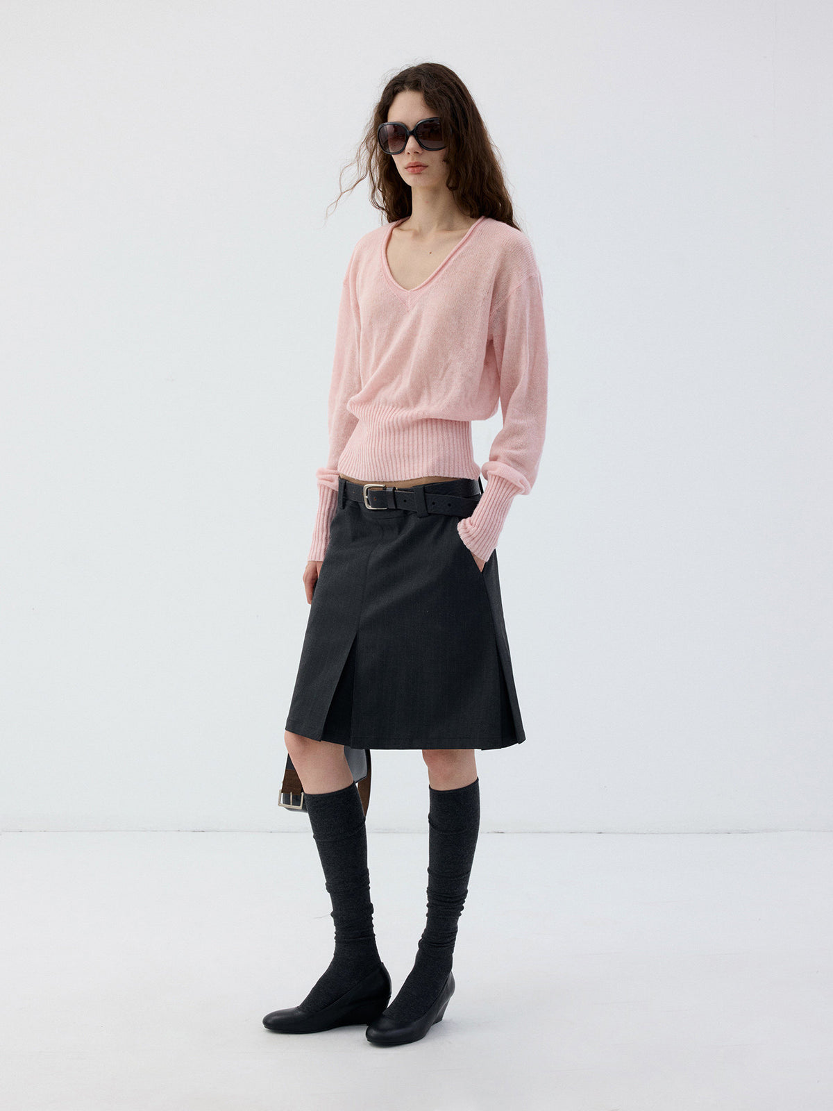 Wool Roll-Sleeve V-Neck Sweater