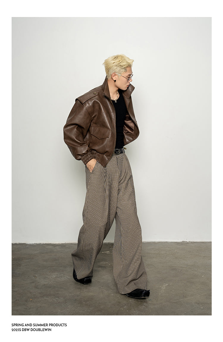 Wide-Shoulder High-Neck Leather Jacket