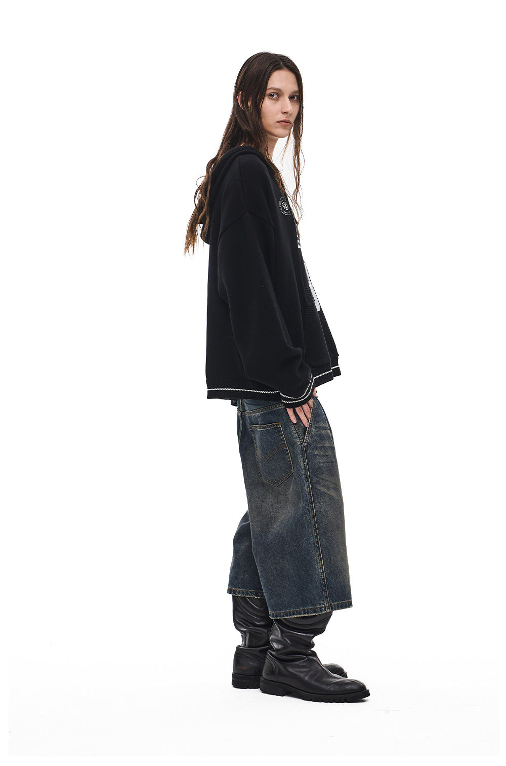 V-Neck Sweater with Embroidered Hood