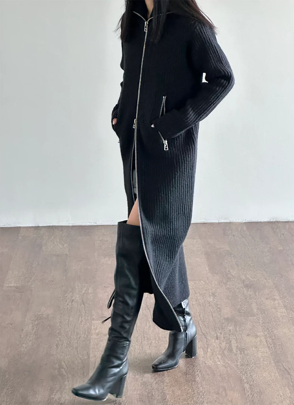 더블 지퍼 터틀넥 롱 카디건