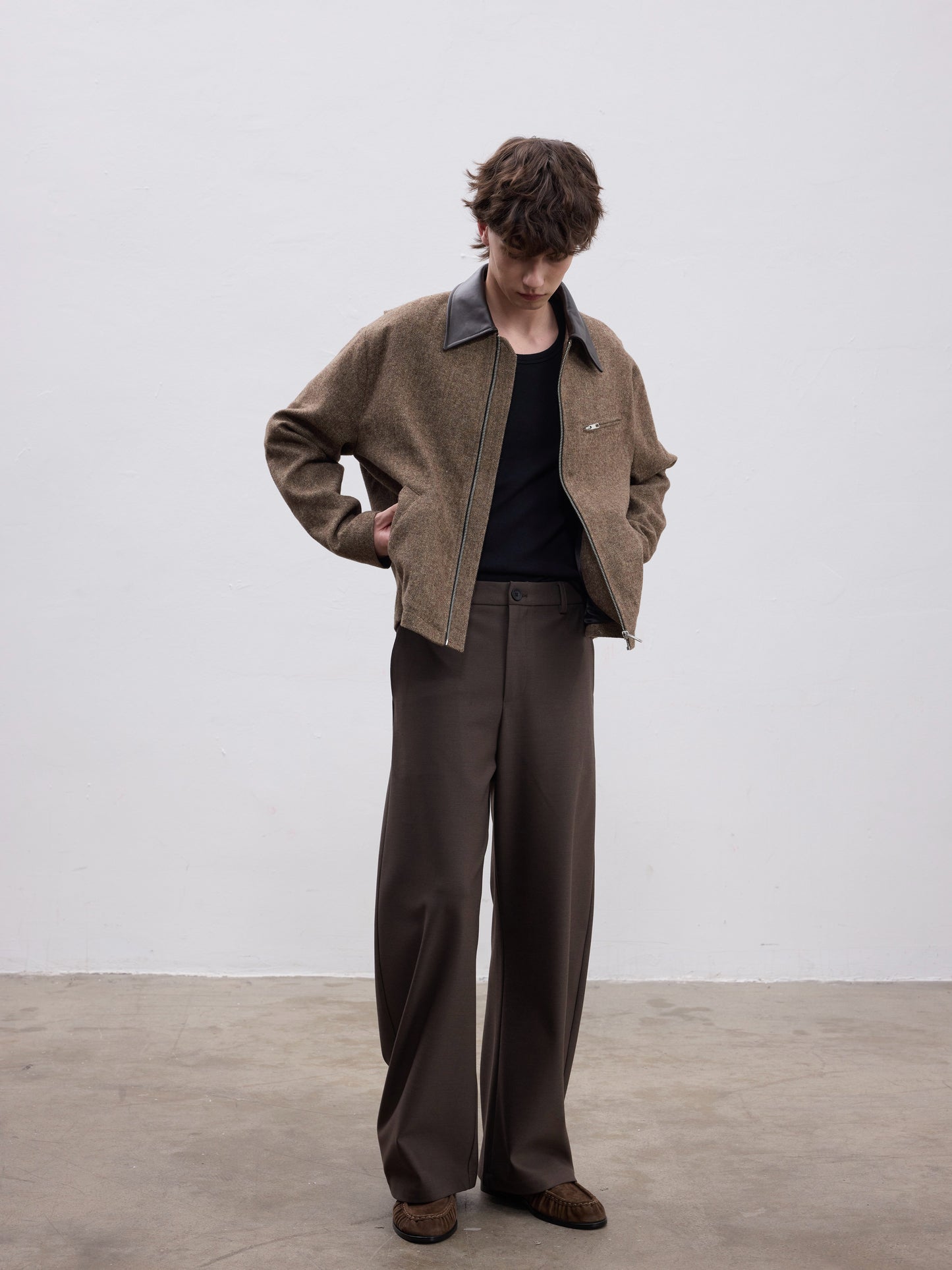 Tweed Leather Collar Short Jacket