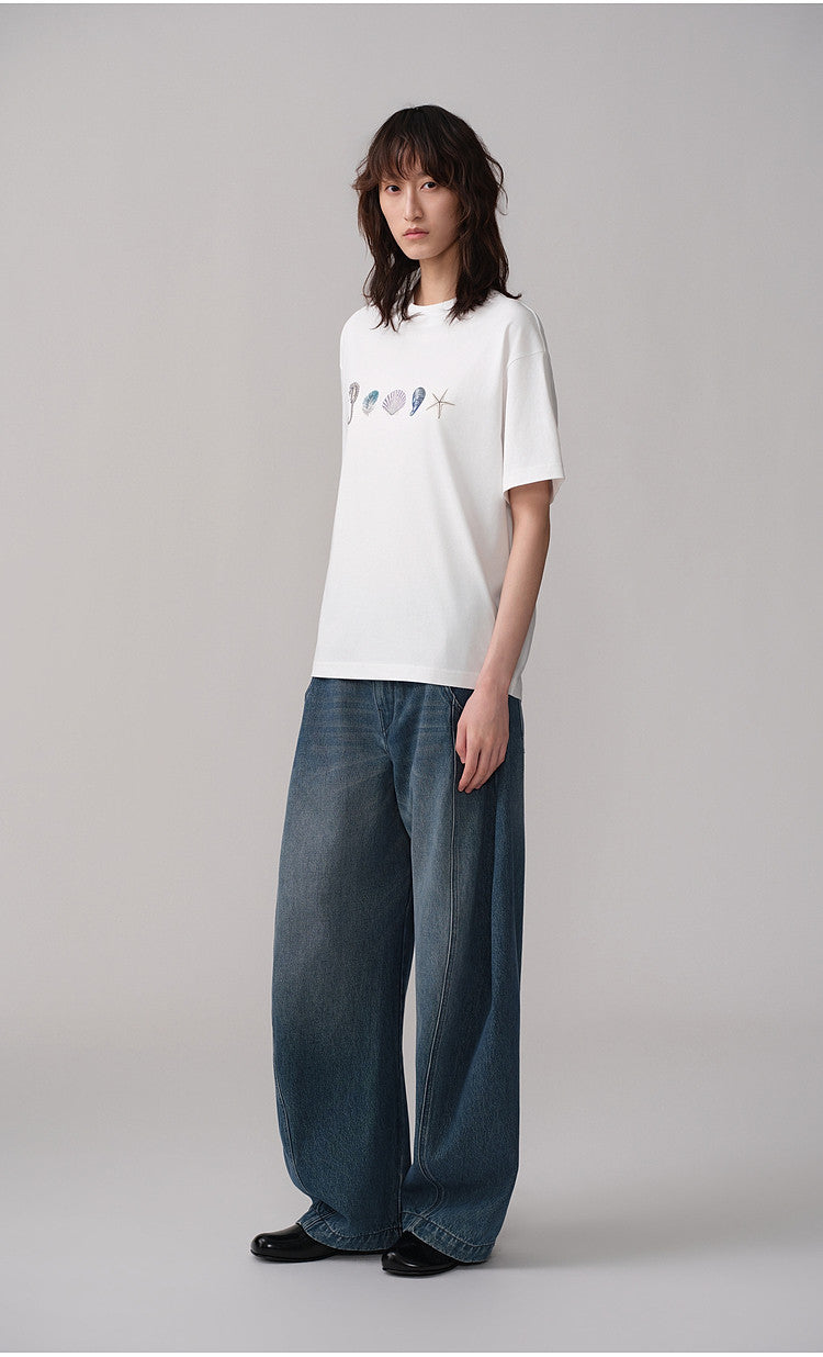 Round-Neck Loose-Shoulder Printed T-Shirt