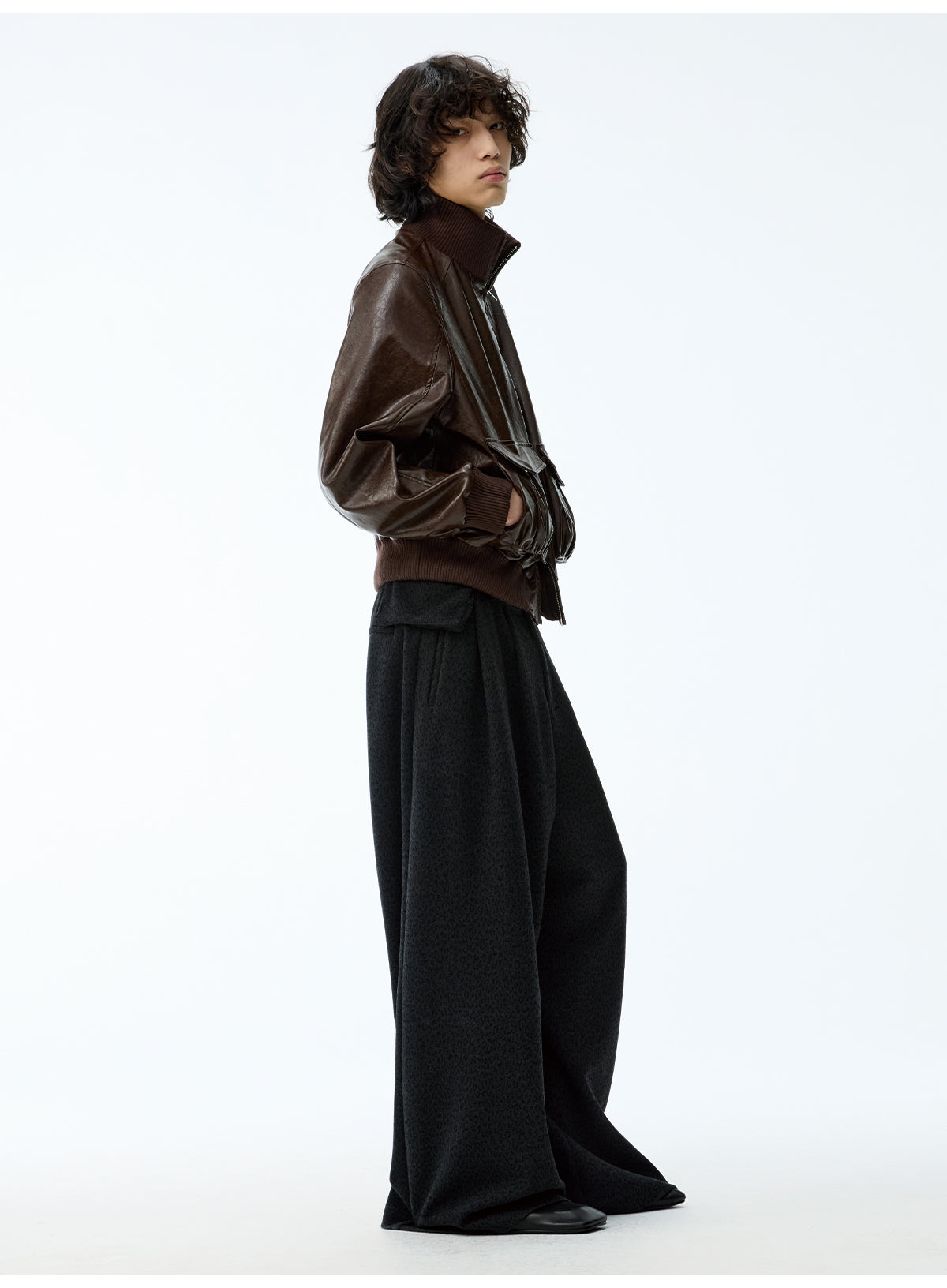 Pleated Short Leather Jacket