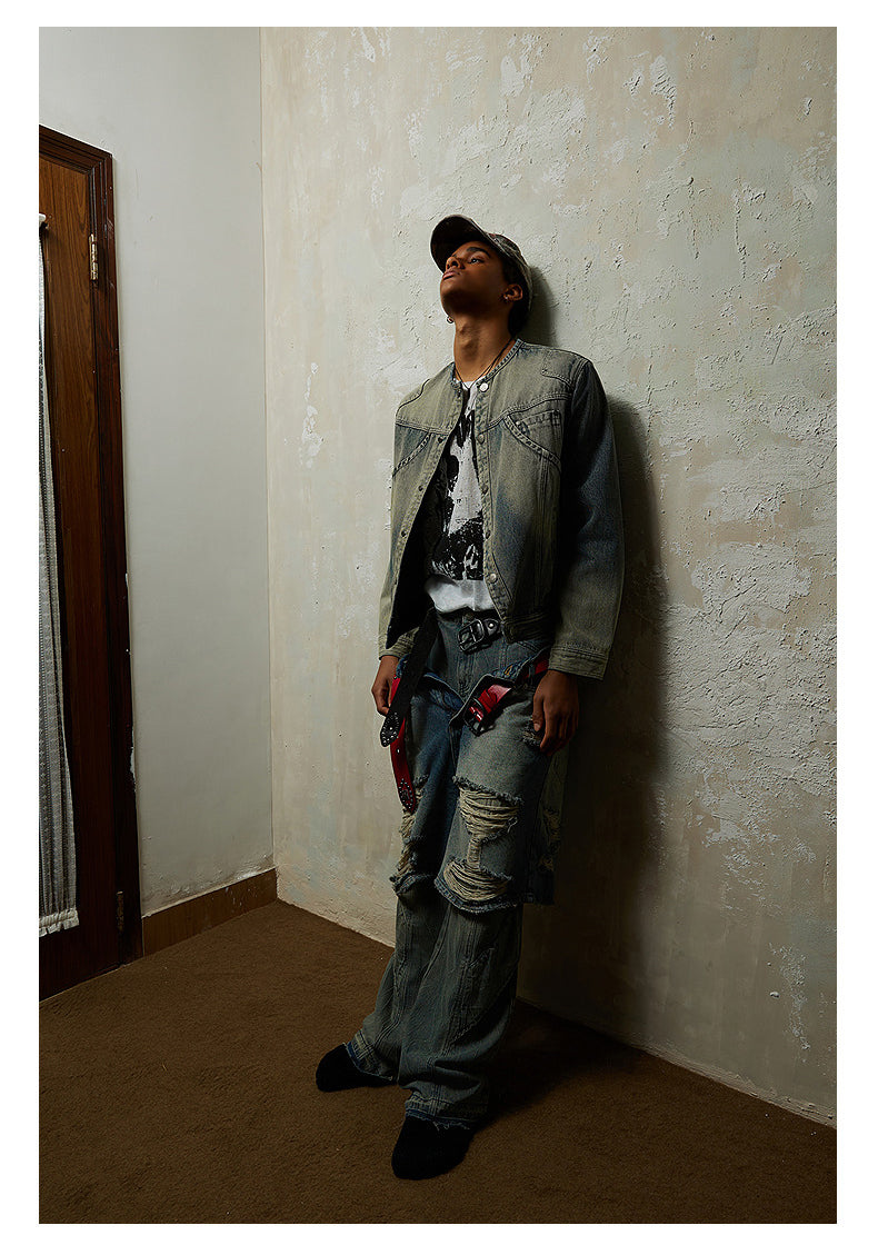 Diagonal Placket Damaged Wash Denim Jacket