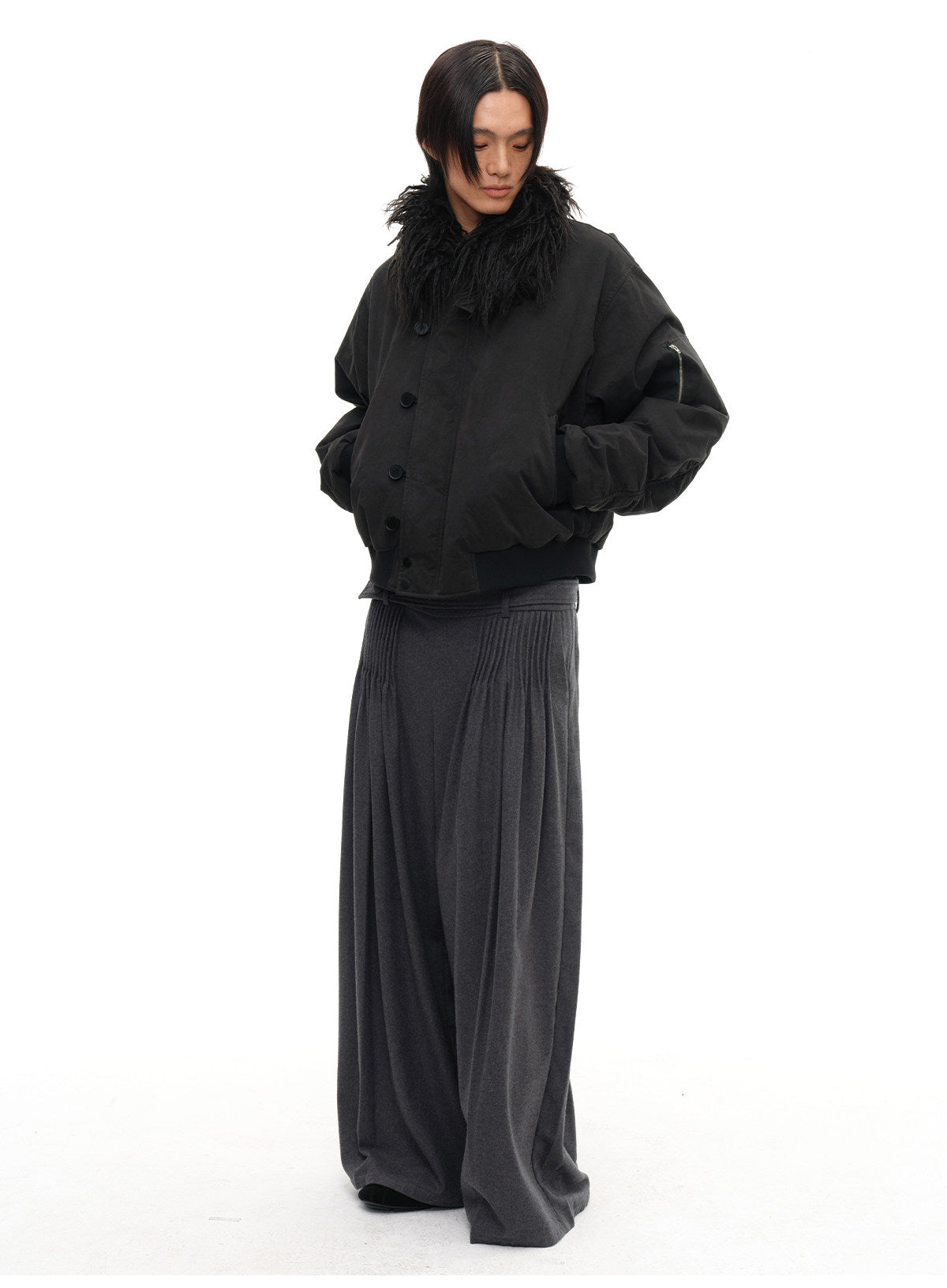 Detachable fur collar distressed jacket