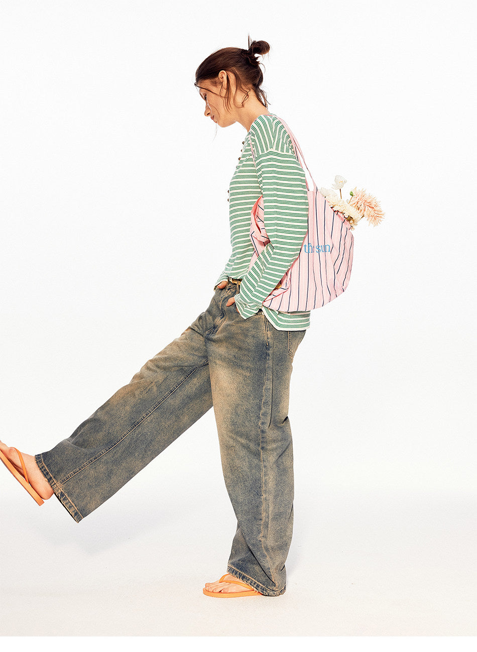 Henry-Collar Linen Striped T-Shirt