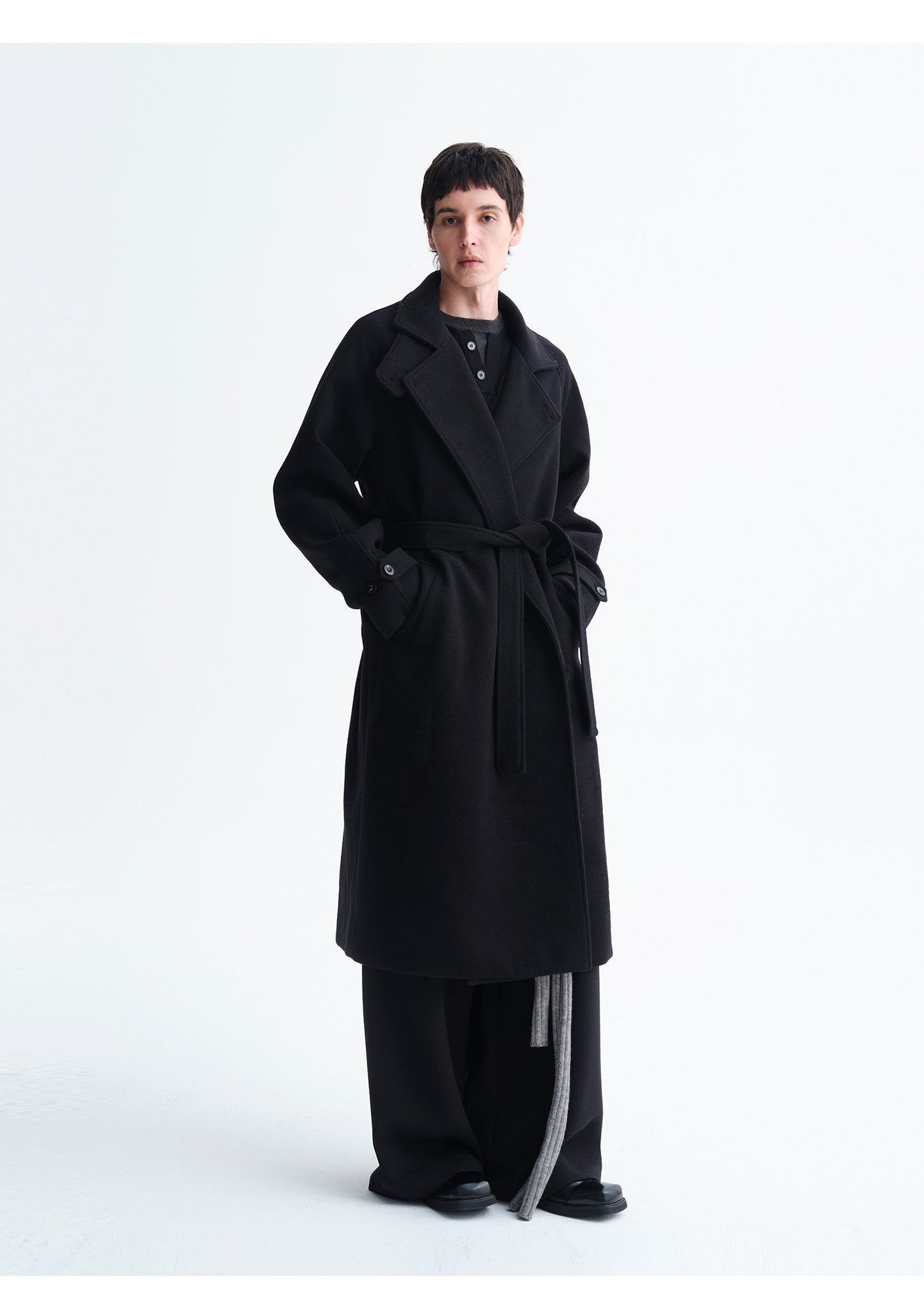 Wool-Blend Stand Collar Long Coat