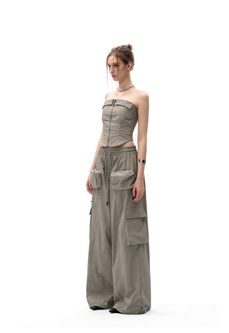 Multi-pocket wide-leg casual pants