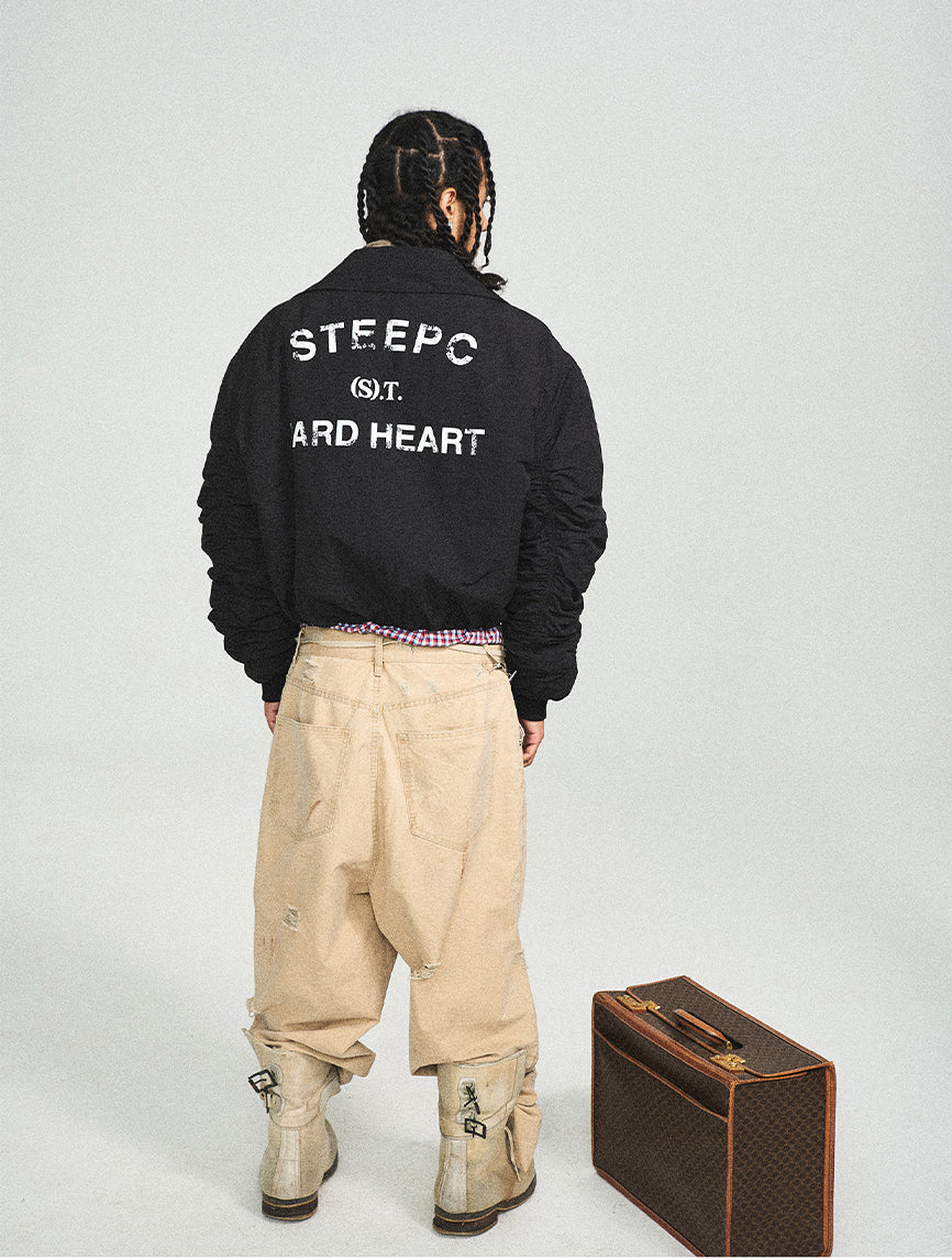 Printed bomber short stand collar jacket