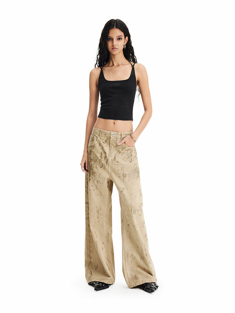 Wide-Leg Casual Pants with Oil-Wax Finish