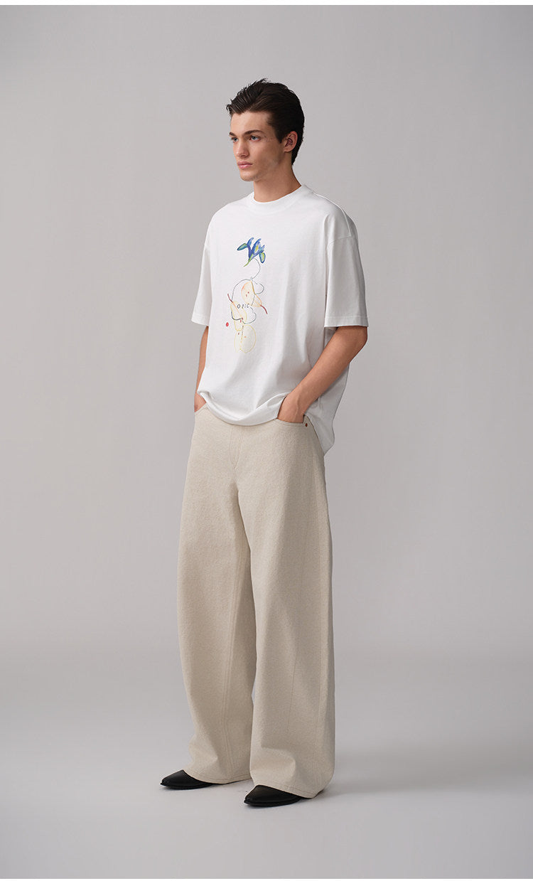 Printed round-neck ribbed T-shirt