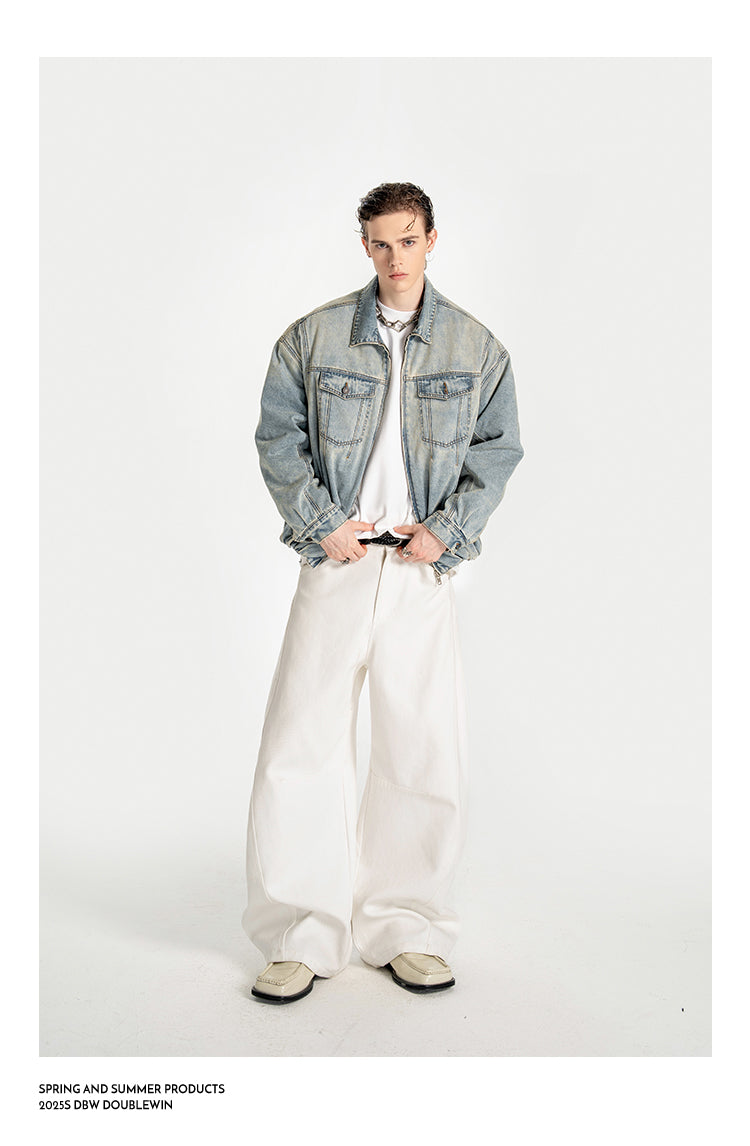 Wide-Shoulder Washed Denim Jacket